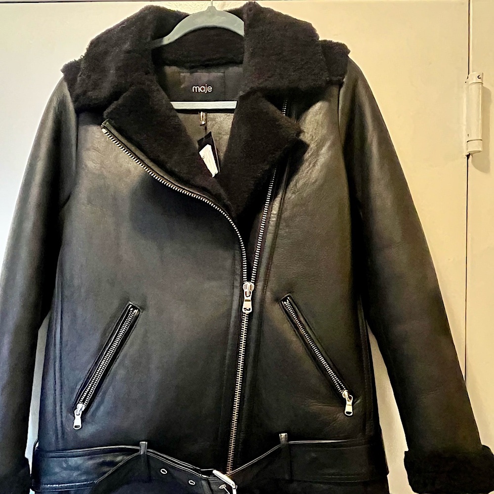 MAJE NWT SHEARLING LAMBSKIN BLACK  JACKET, SIZE 36 (SMALL)